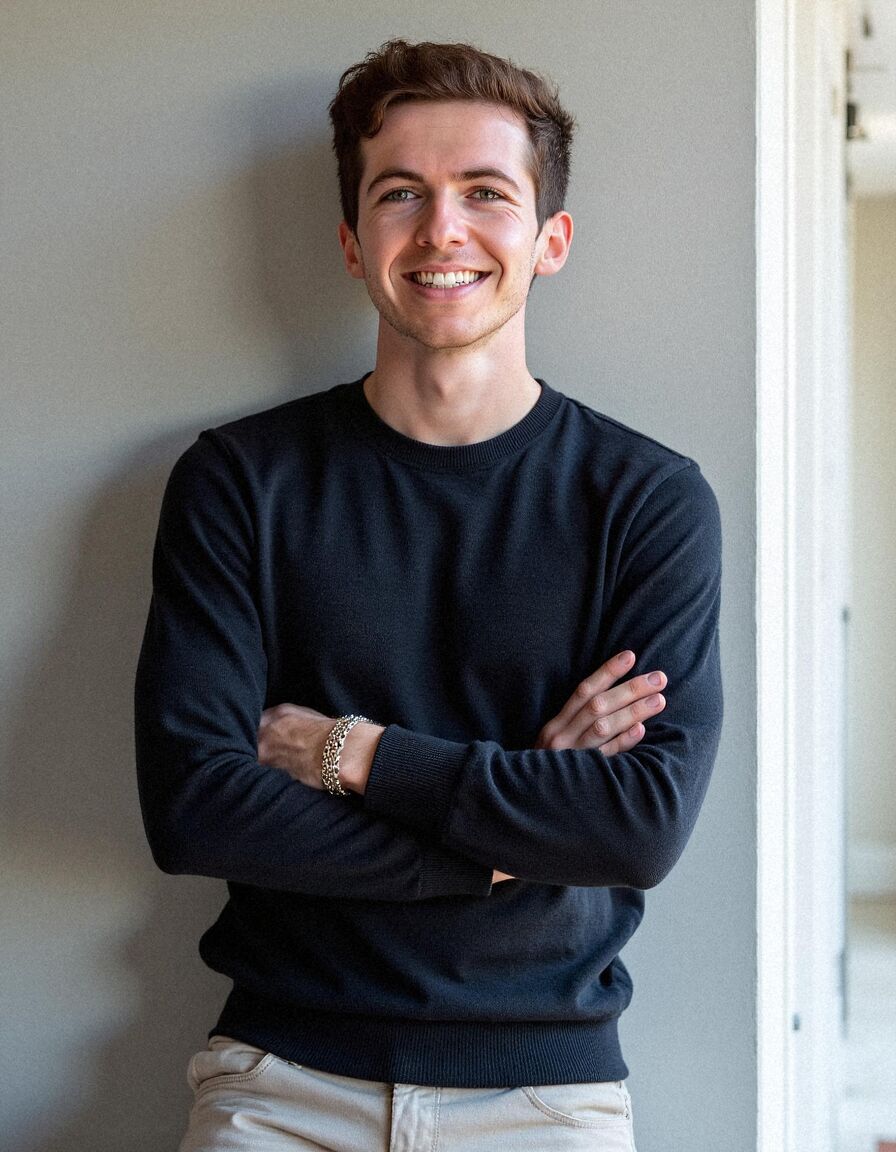 AI headshot of Ben: by a window, navy crew-neck, arms crossed (second run)