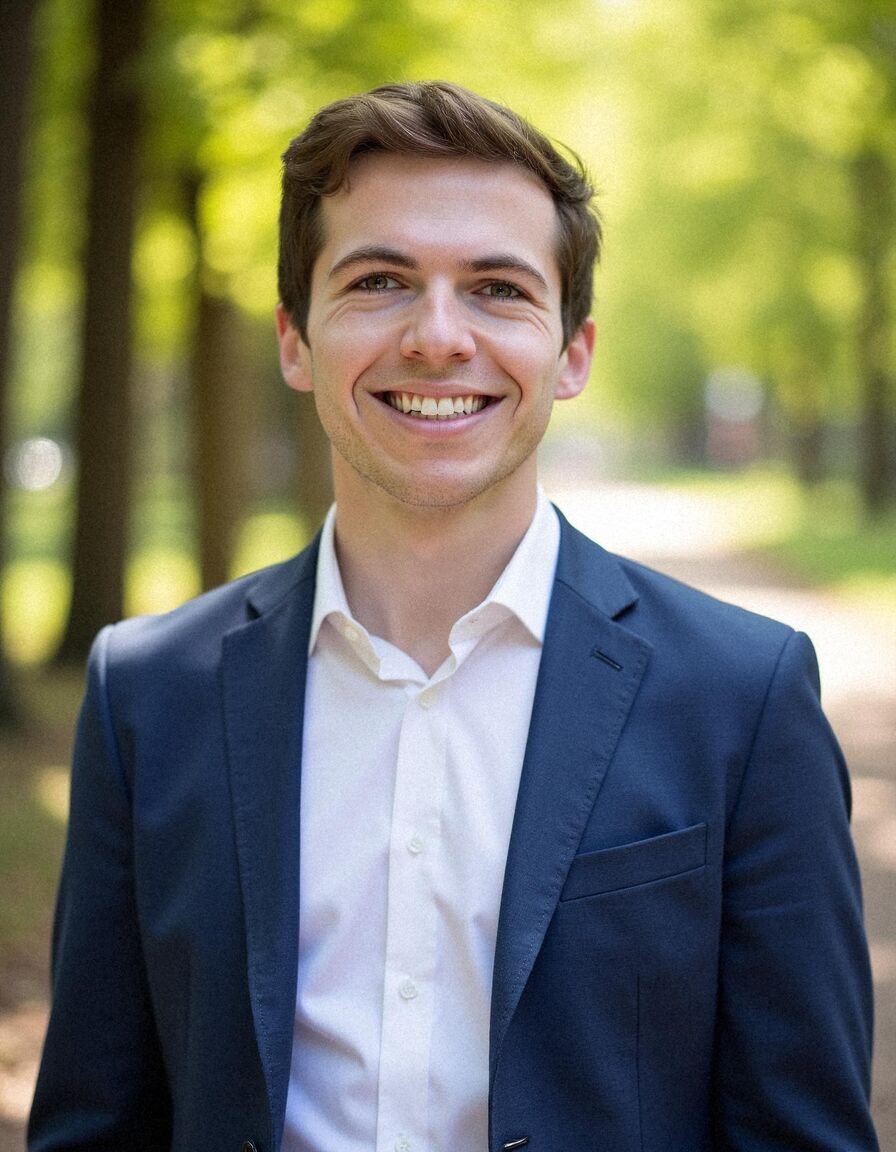 AI headshot of Ben: park, navy blazer and white shirt