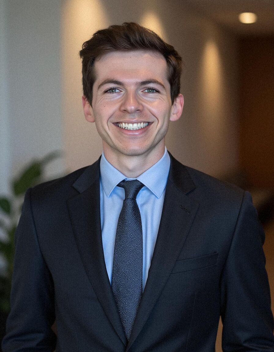 AI headshot of Ben: office corridor, navy suit and tie