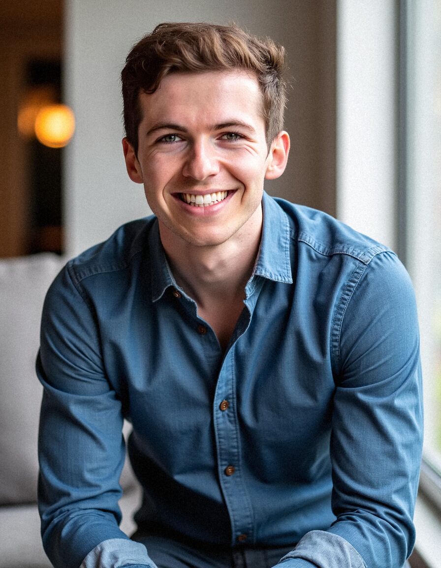 AI headshot of Ben: window seat, denim shirt (second run)