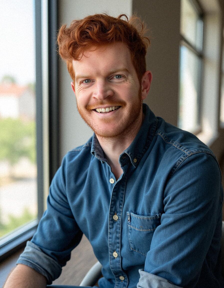 AI headshot of Cam: by a window, denim shirt
