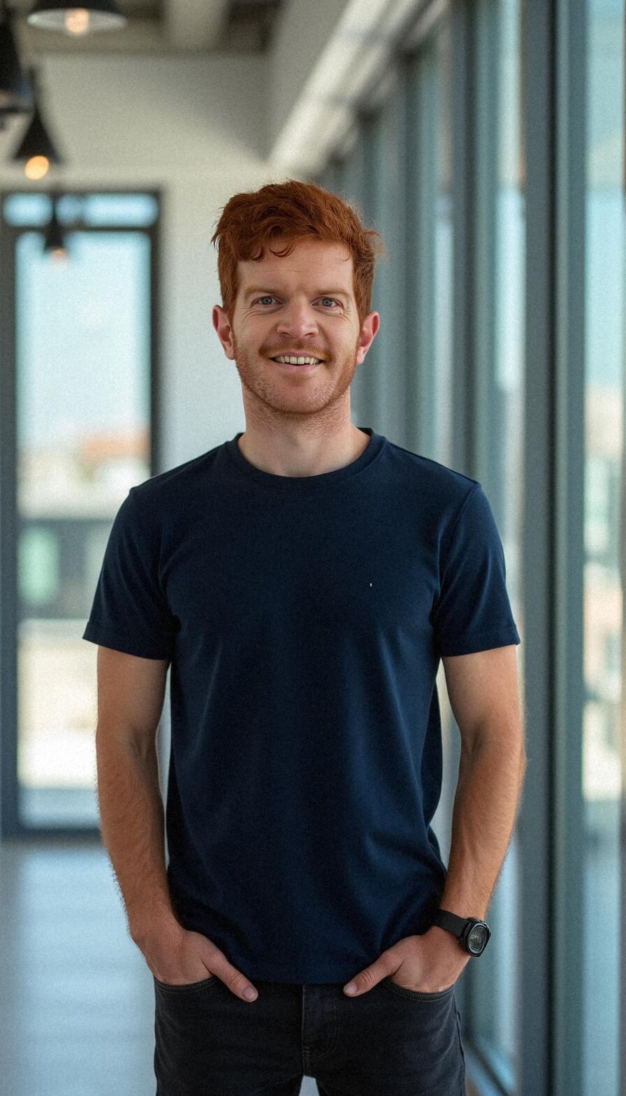 AI headshot of Cam: glass office, navy t-shirt (second run)