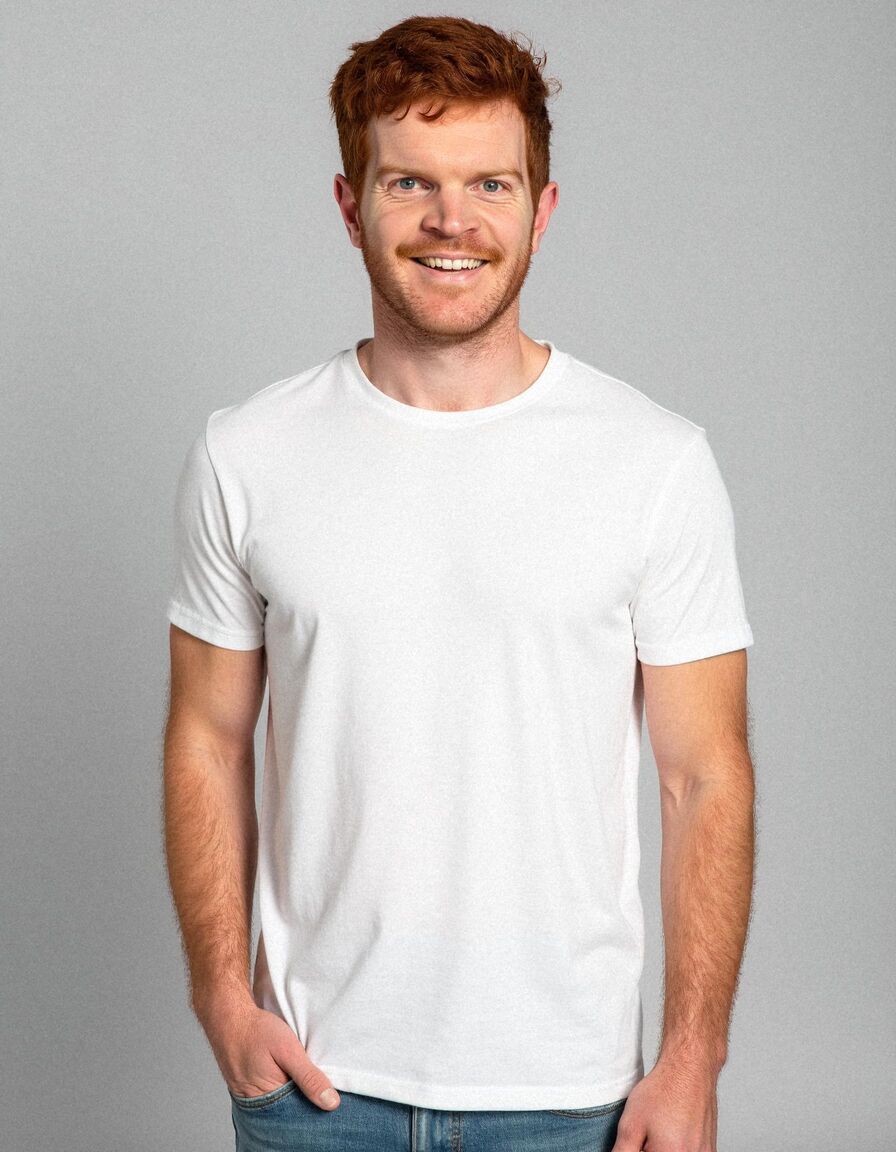 AI headshot of Cam: studio, grey backdrop, white t-shirt