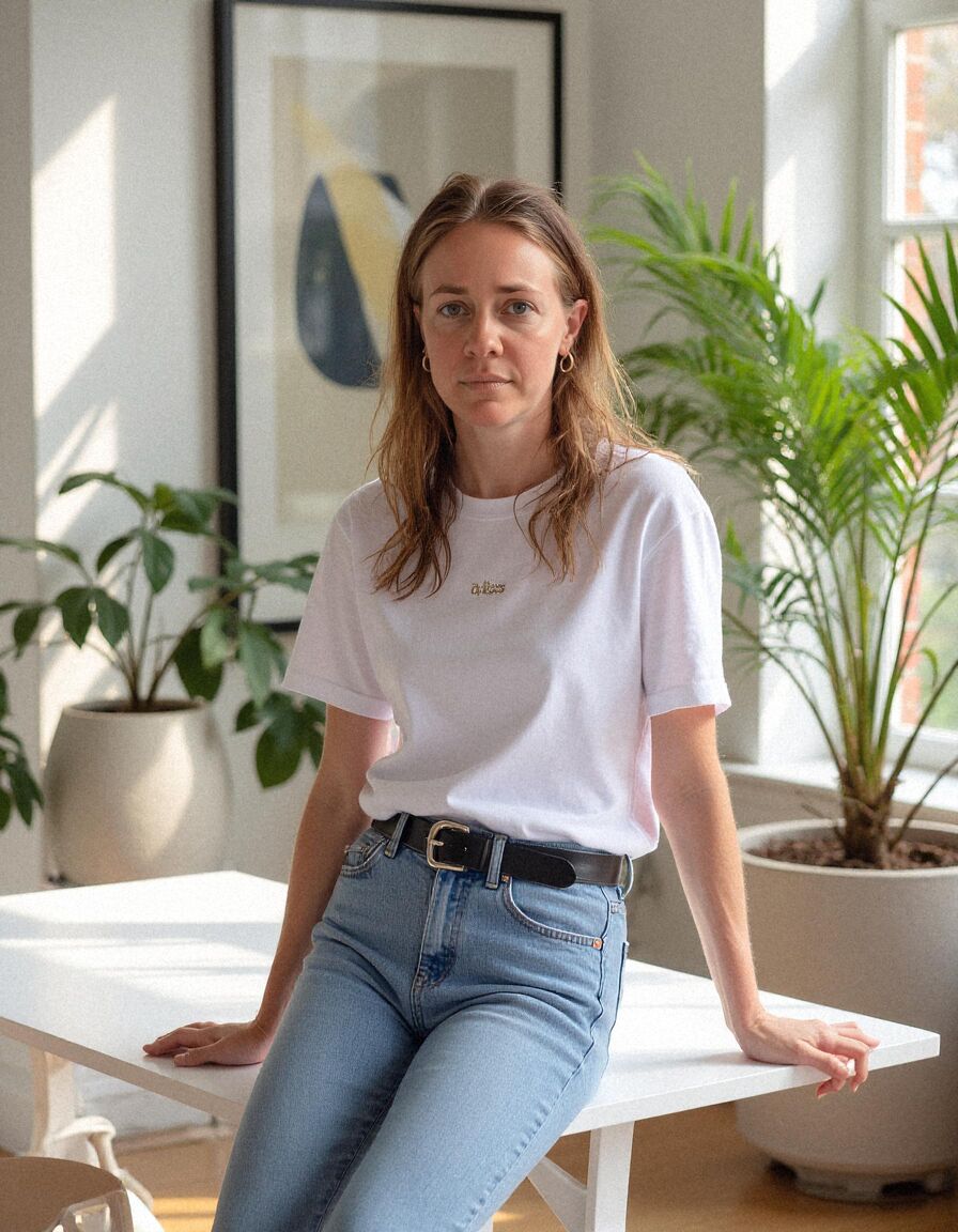 AI headshot of Hannah: bright room with plants, white t-shirt and jeans