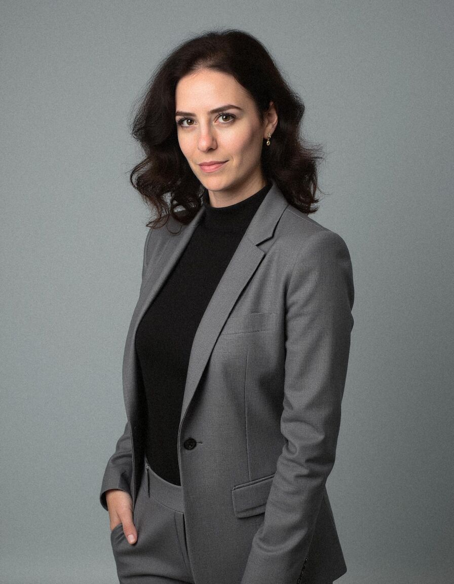 AI headshot of Leila: studio, grey backdrop, grey suit