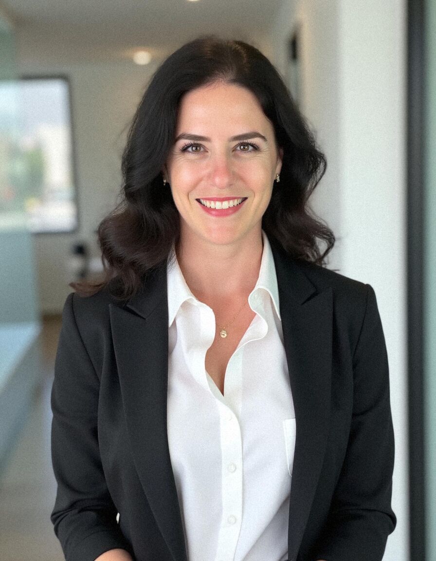 AI headshot of Leila: glass office, black blazer