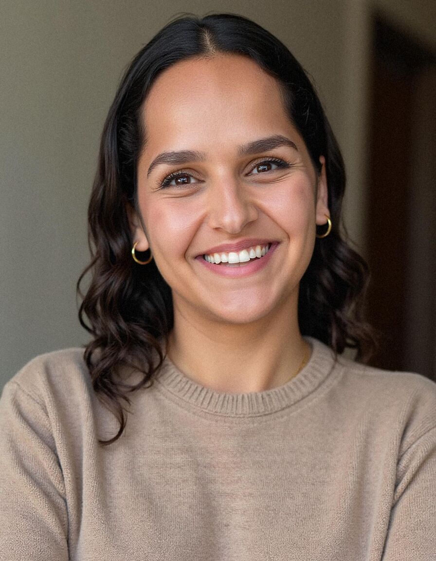 AI headshot of Noa: office, beige jumper