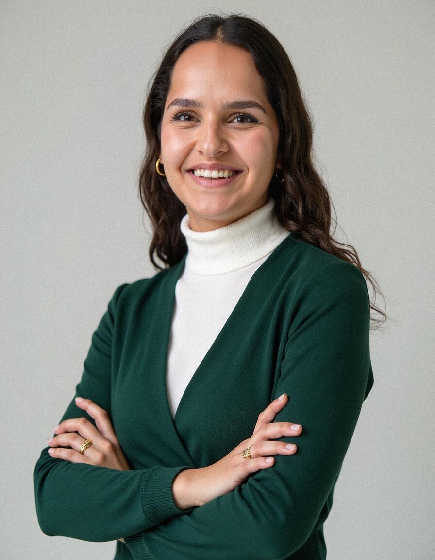 AI headshot of Noa: plain backdrop, green knit over a white roll-neck