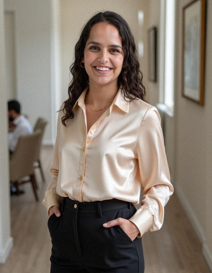 AI headshot of Noa: hallway, satin blouse