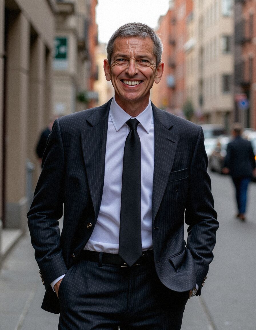 AI headshot of Rob: city street, black suit and tie