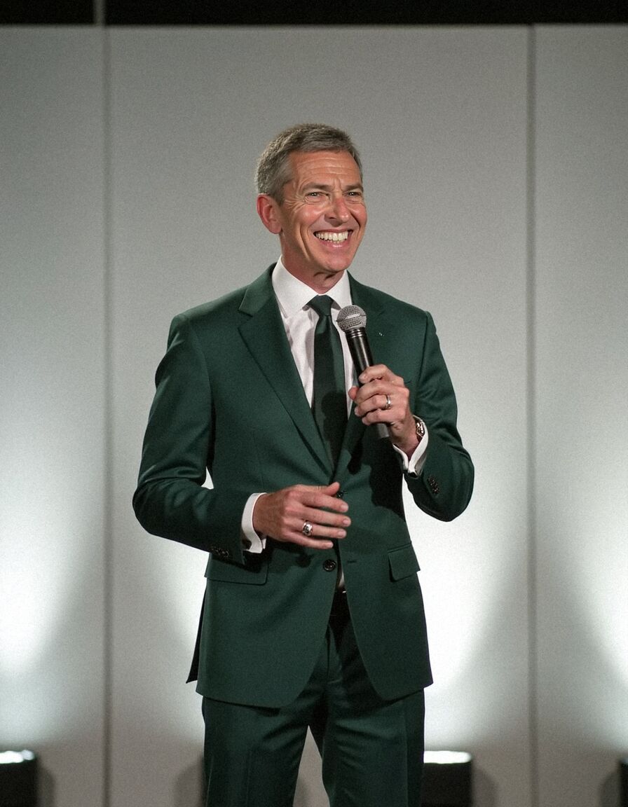 AI headshot of Rob: bright stage, green suit, holding a mic