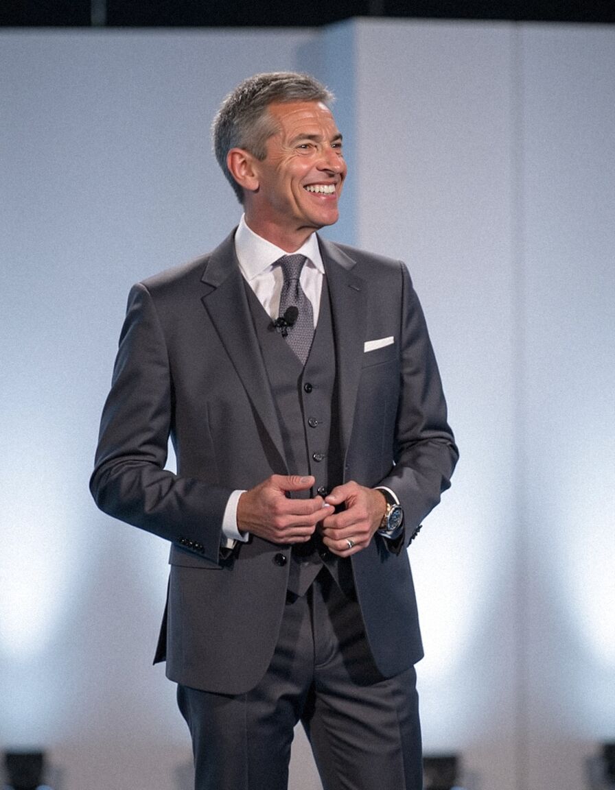 AI headshot of Rob: bright stage, grey three-piece suit