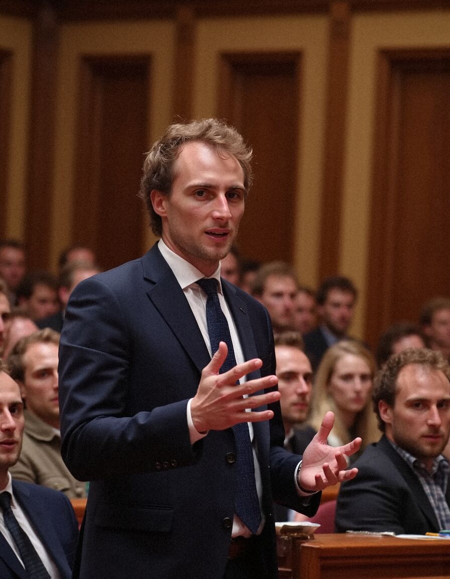 AI headshot of Theo: before a seated audience, navy suit and tie