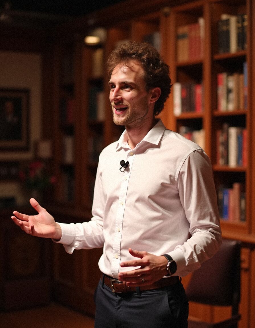 AI headshot of Theo: library, white shirt with a clip-on mic