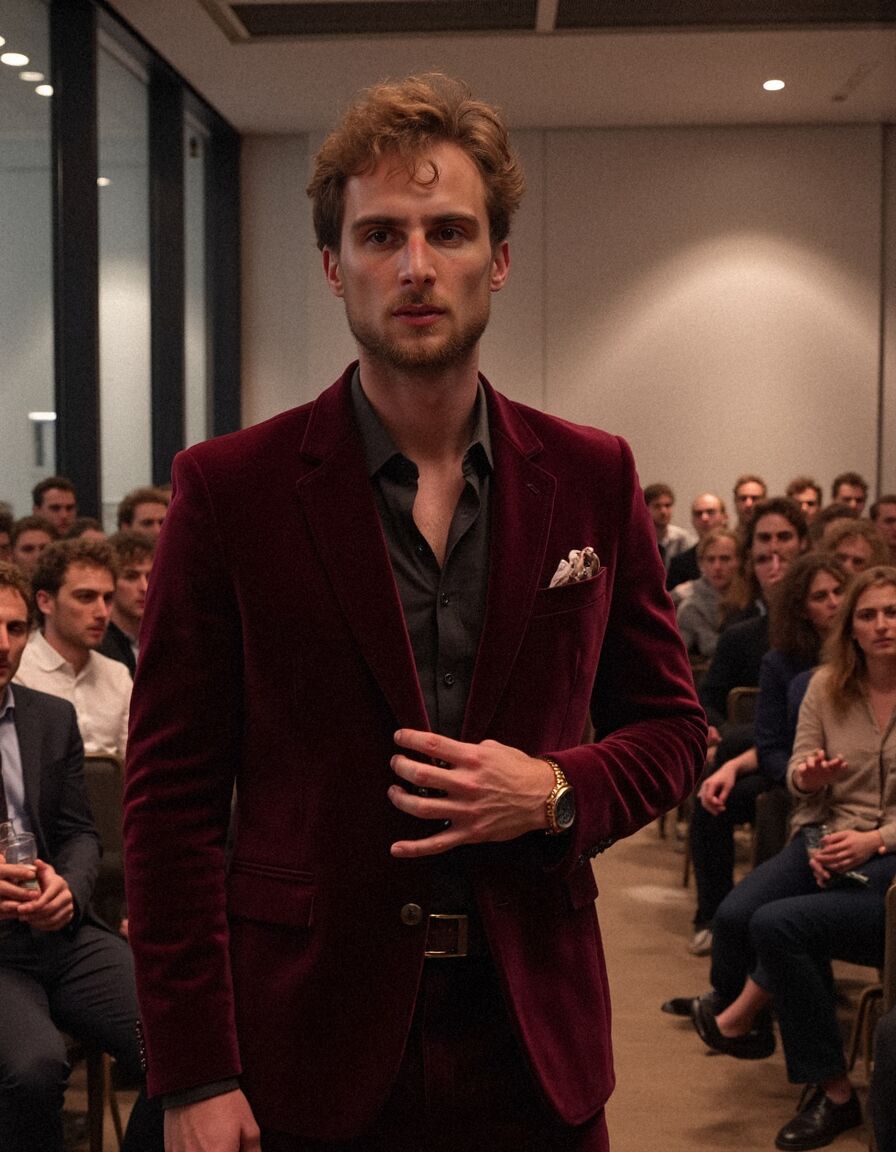AI headshot of Theo: before a seated audience, burgundy velvet blazer